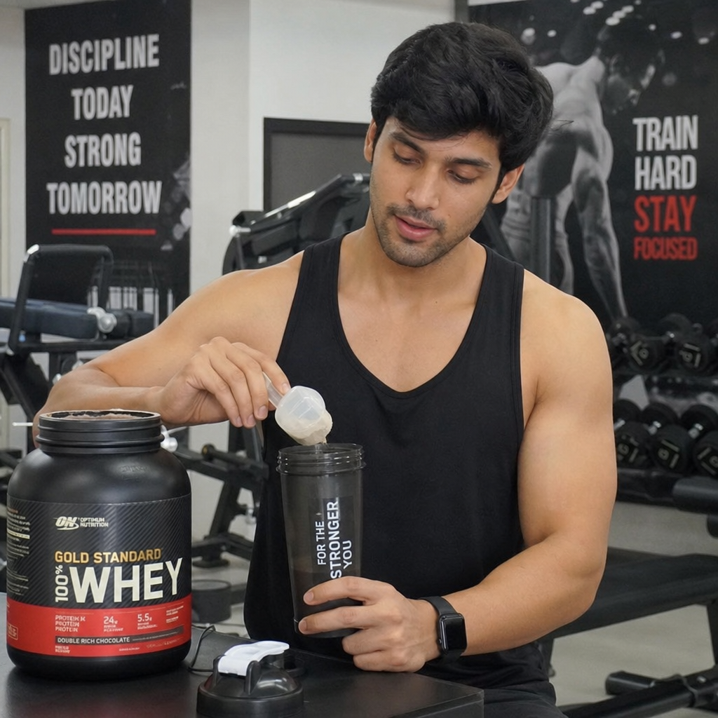 A fitness enthusiast mixing a post-workout whey protein shake at the gym in English