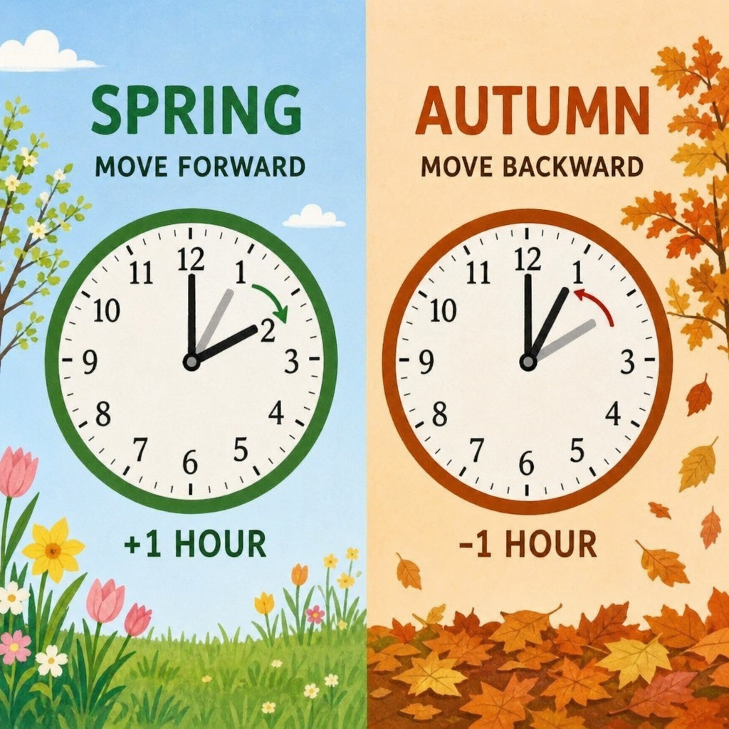 A split image showing a clock moving forward for Spring and moving backward for Autumn
