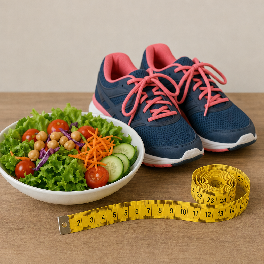 Healthy lifestyle elements: healthy food, running shoes, and a measuring tape to signify holistic health improvement