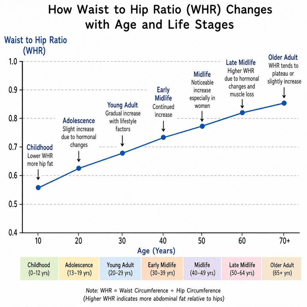 Graph illustrating how waist to hip ratio changes with age and life stages