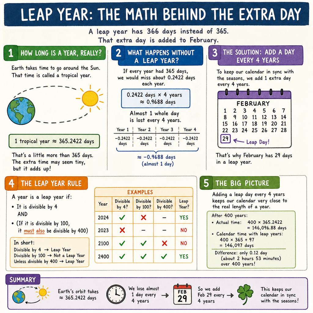 A detailed graphic explaining the leap year math and how an extra day is added to February