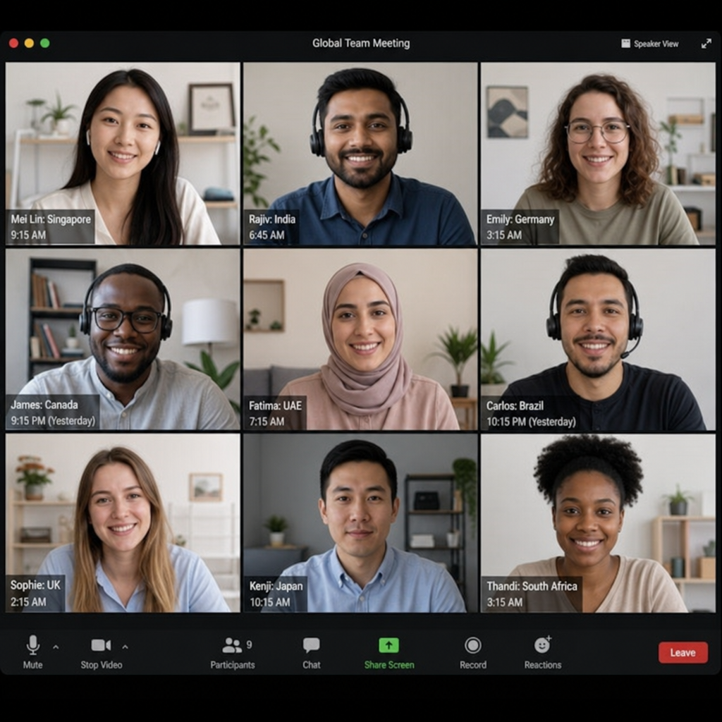 A virtual meeting on a computer screen featuring diverse remote workers from different global regions