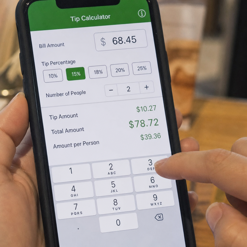 A close up view of a person tapping on a mobile tip calculator app