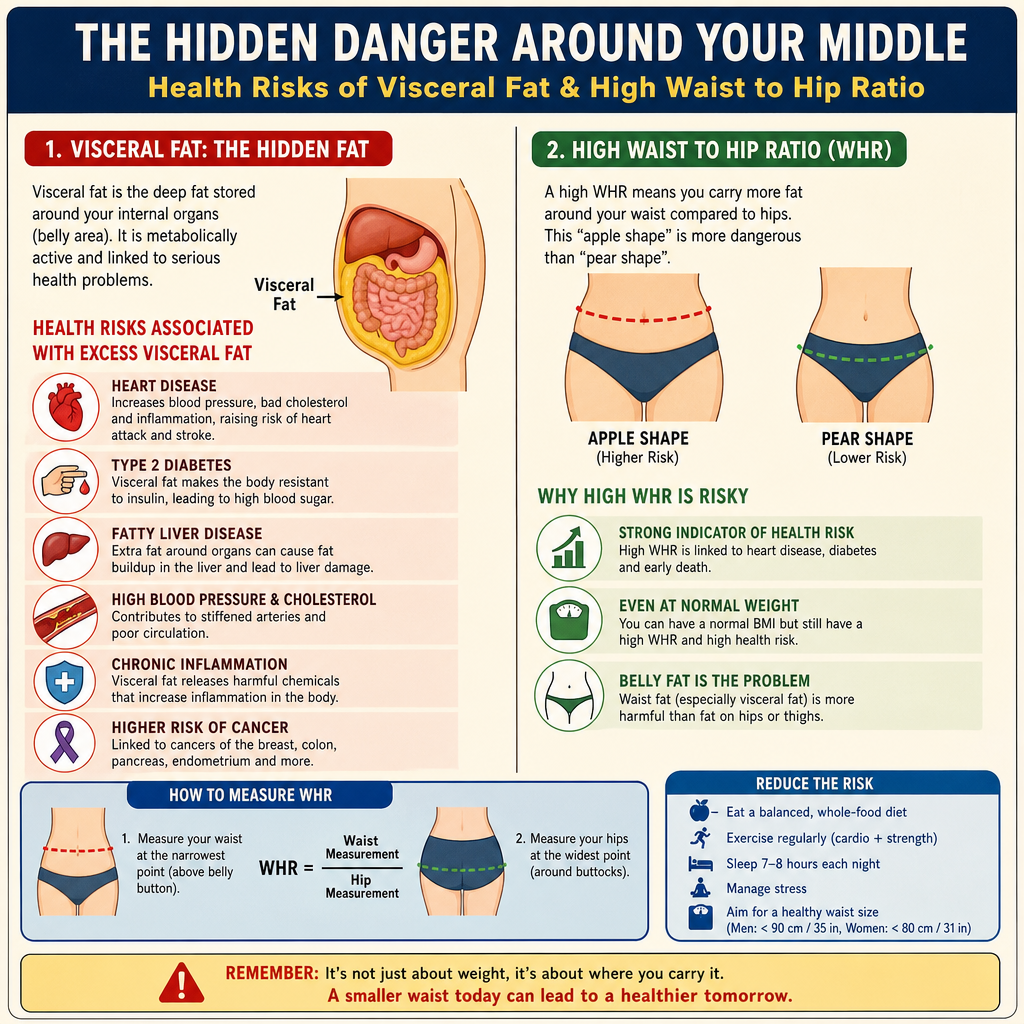 Infographic detailing the health risks associated with visceral fat and high waist to hip ratio