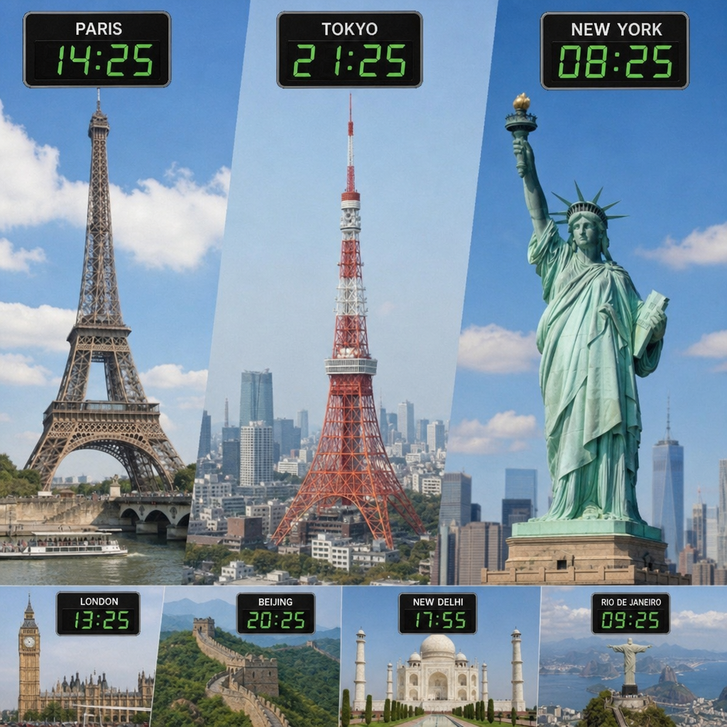 A collage of famous global landmarks like the Eiffel Tower, Tokyo Tower, and Statue of Liberty with digital clocks above them