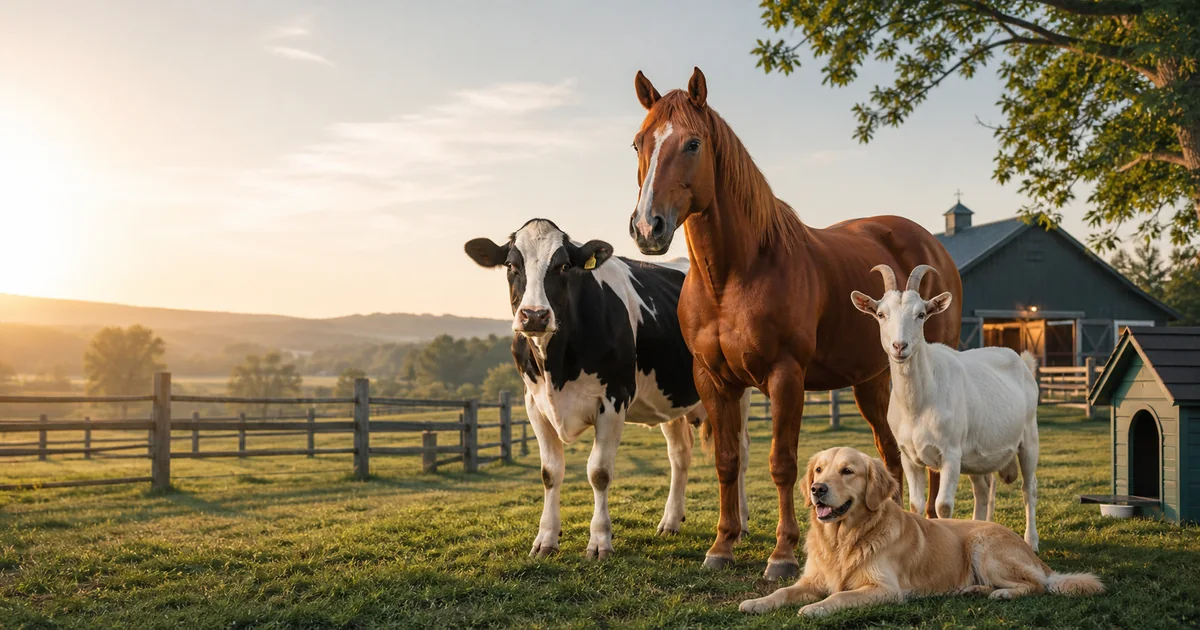 A cow, horse, goat and dog together on a farm for the animal breeding calculator hub