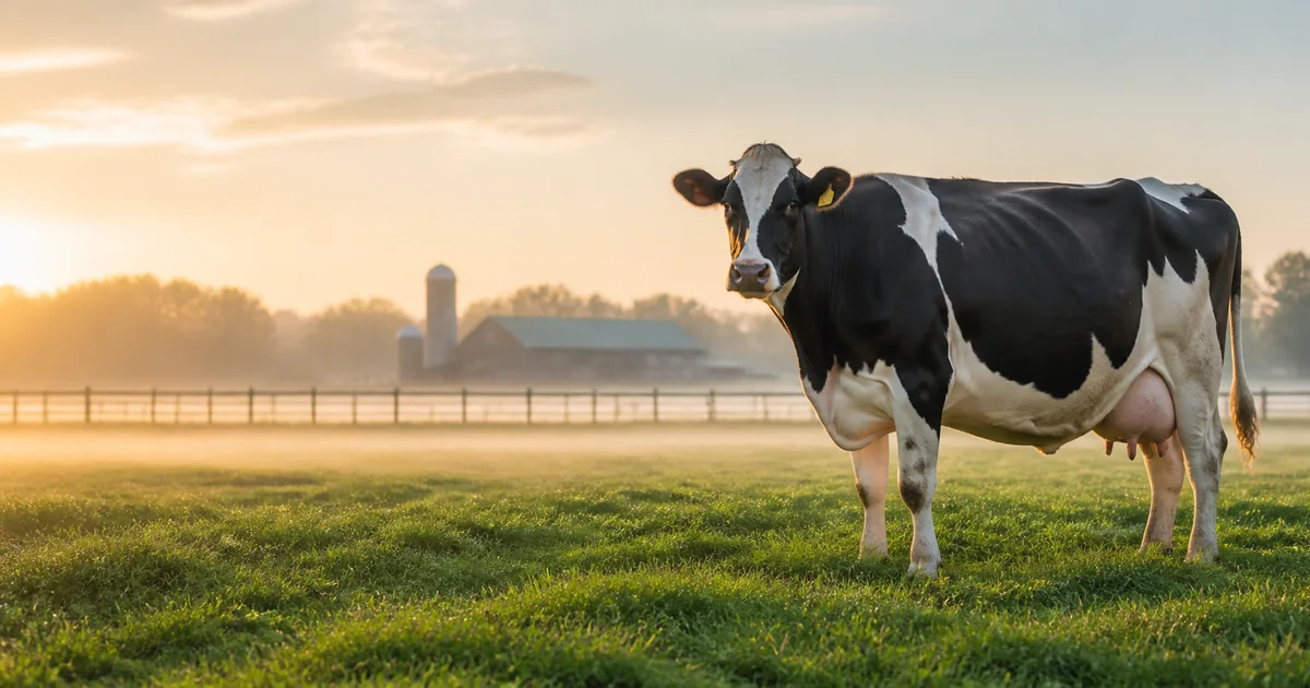 A pregnant dairy cow standing in a pasture at sunrise for the cow gestation calculator