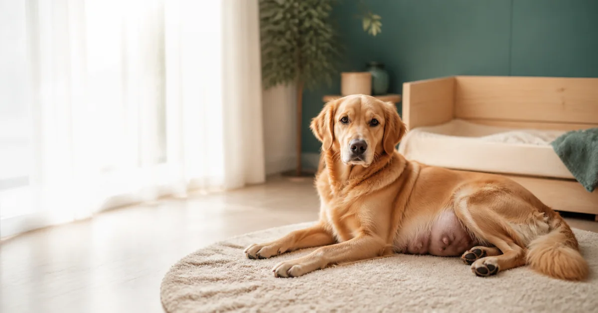 A pregnant golden retriever resting beside a prepared whelping box for the dog pregnancy calculator