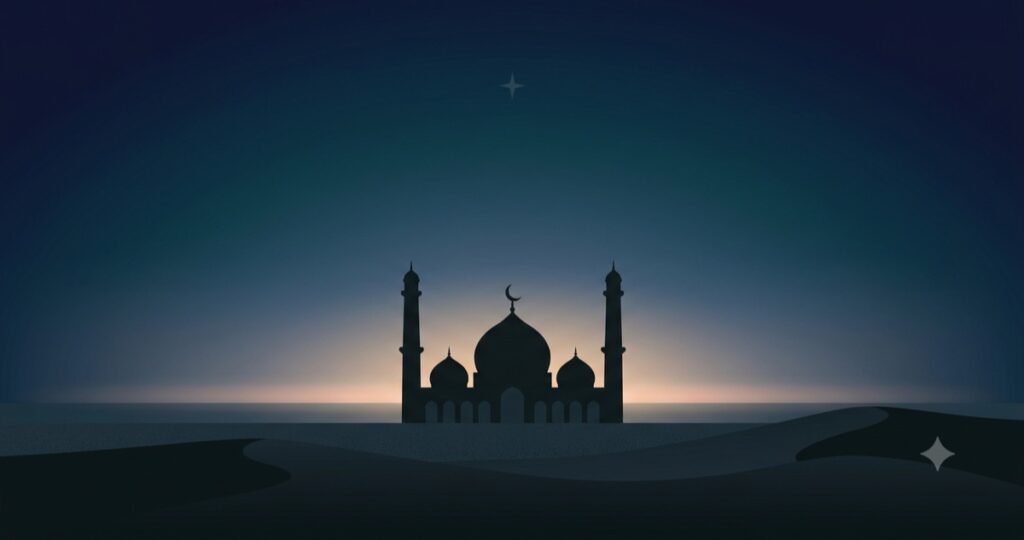 When does Fajr start: first light of true dawn over a mosque