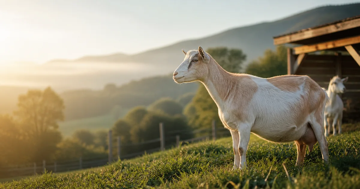 A pregnant dairy goat standing on a hillside pasture for the goat gestation calculator