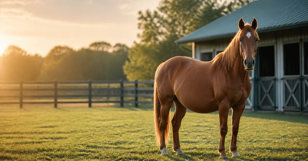 A pregnant chestnut mare standing beside a stable at sunrise for the horse gestation calculator