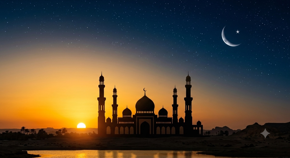 Maghrib to Isha time: golden sunset fading to night over a mosque