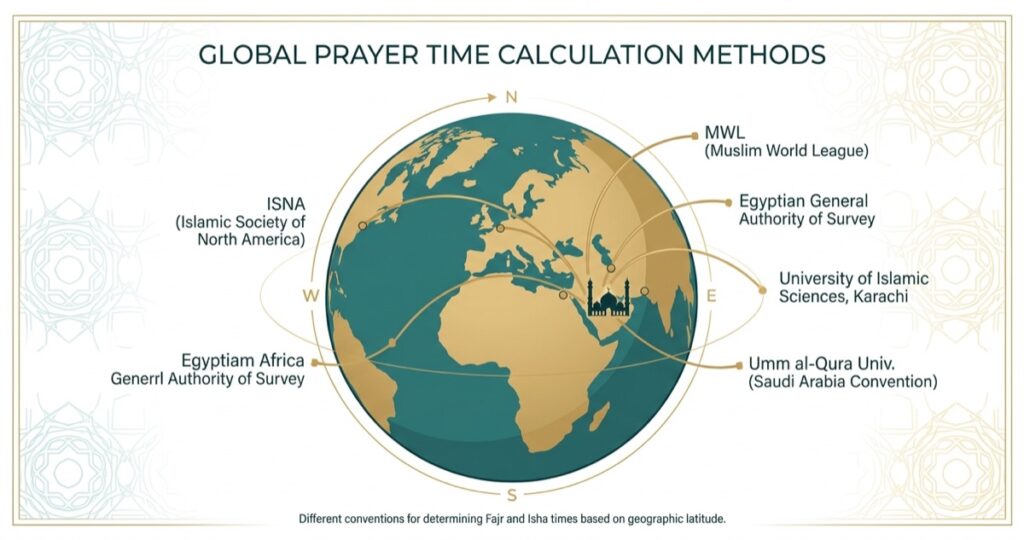 Prayer time calculation methods compared on a globe beside a mosque