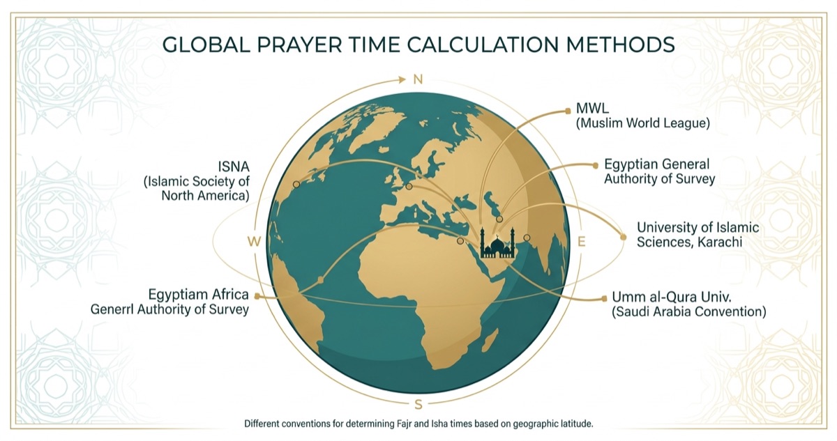 Prayer time calculation methods compared on a globe beside a mosque