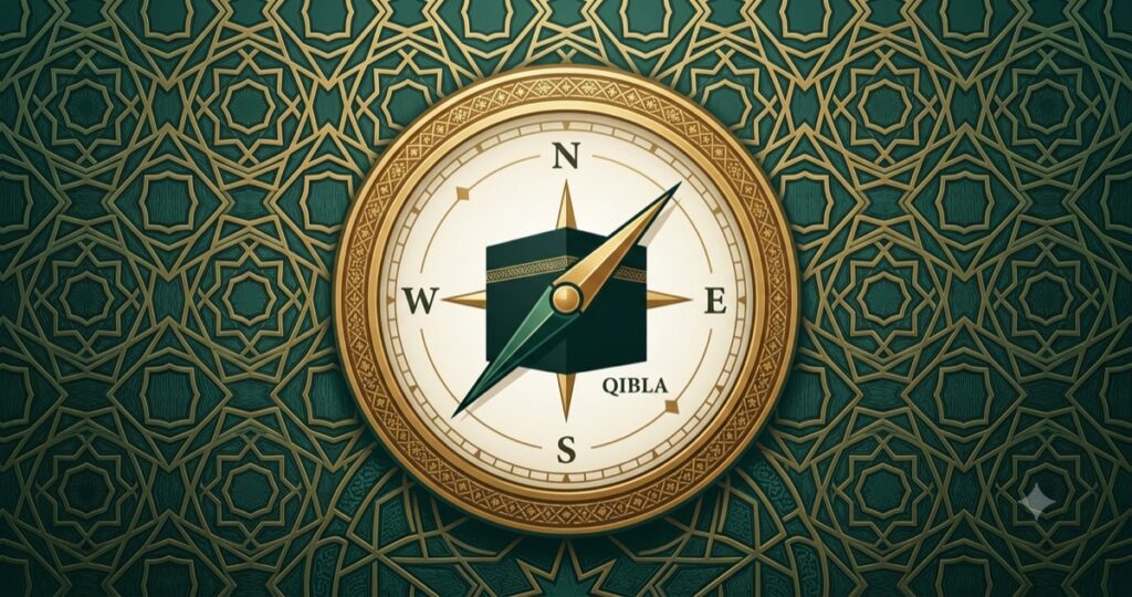 How to find Qibla direction: a compass pointing toward the Kaaba