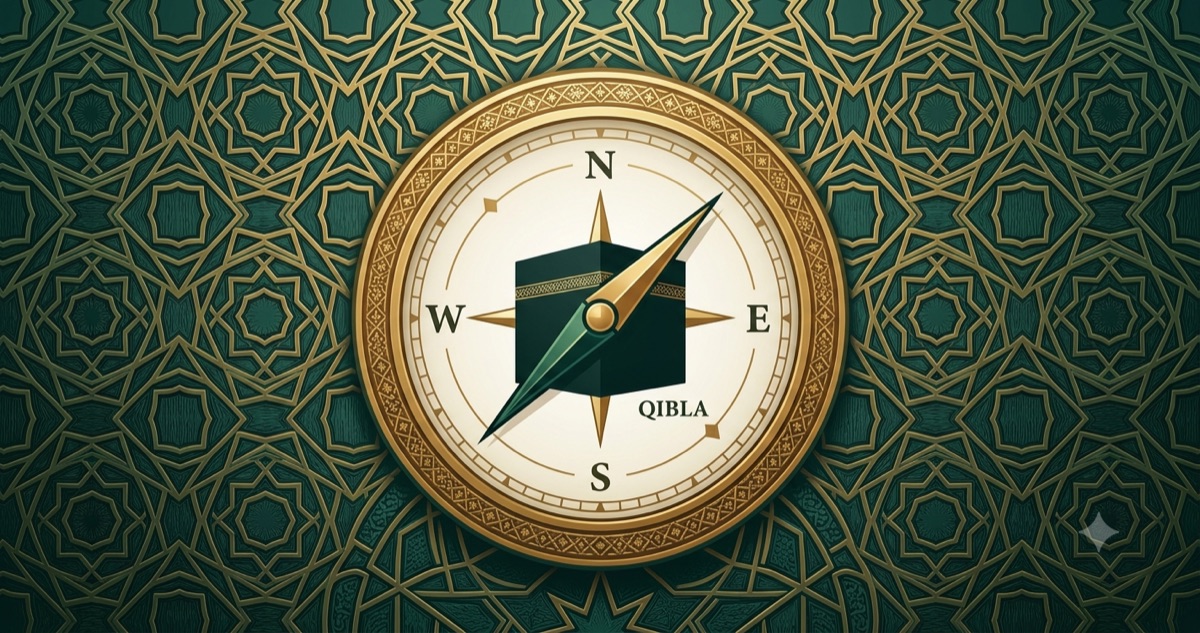 How to find Qibla direction: a compass pointing toward the Kaaba