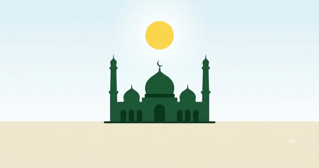 Zawal time: the midday sun directly above a mosque with no shadow