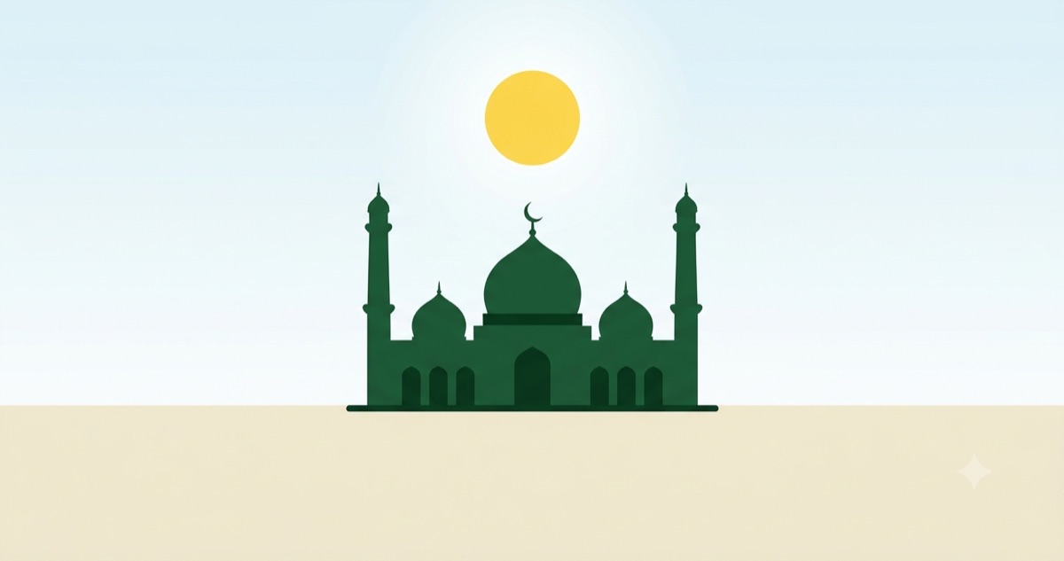 Zawal time: the midday sun directly above a mosque with no shadow