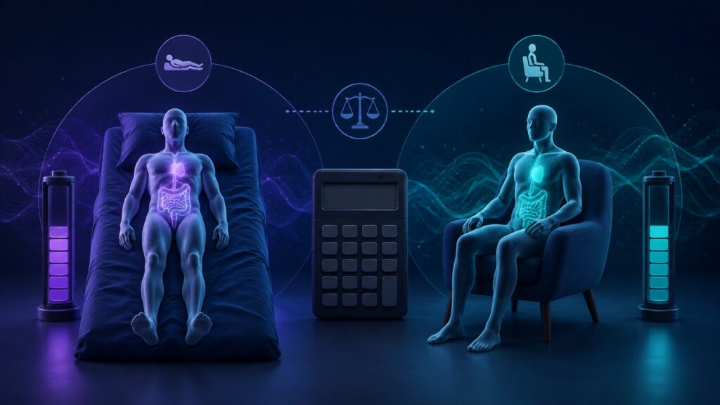 Conceptual illustration of a reclining person and a seated person beside a calculator.
