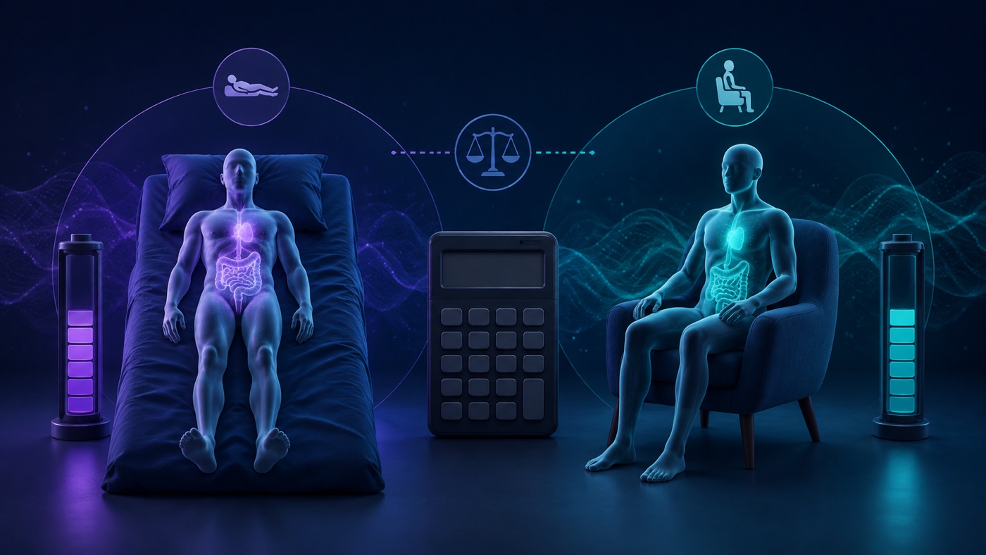 Conceptual illustration of a reclining person and a seated person beside a calculator.