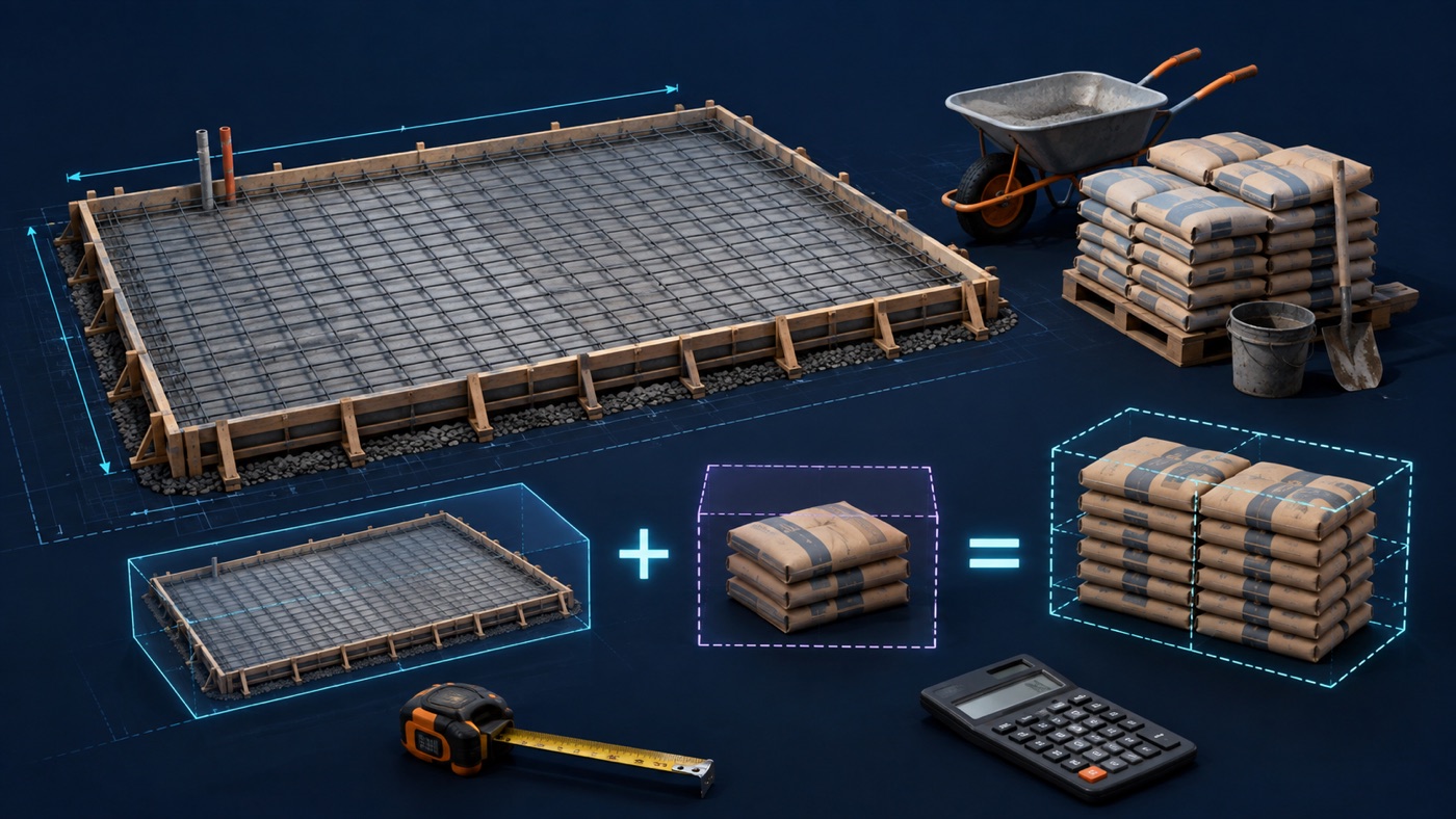Concrete slab volume calculation with an extra material allowance and cement bags