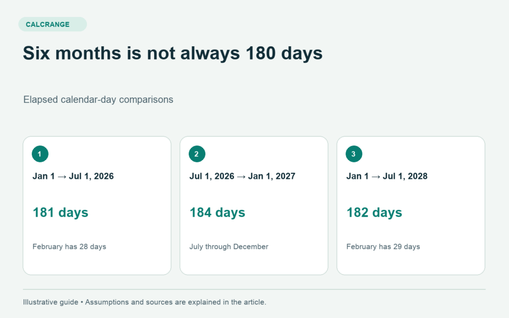 Six-month date intervals contain 181 days in early 2026, 184 days in late 2026 and 182 days in early leap year 2028.
