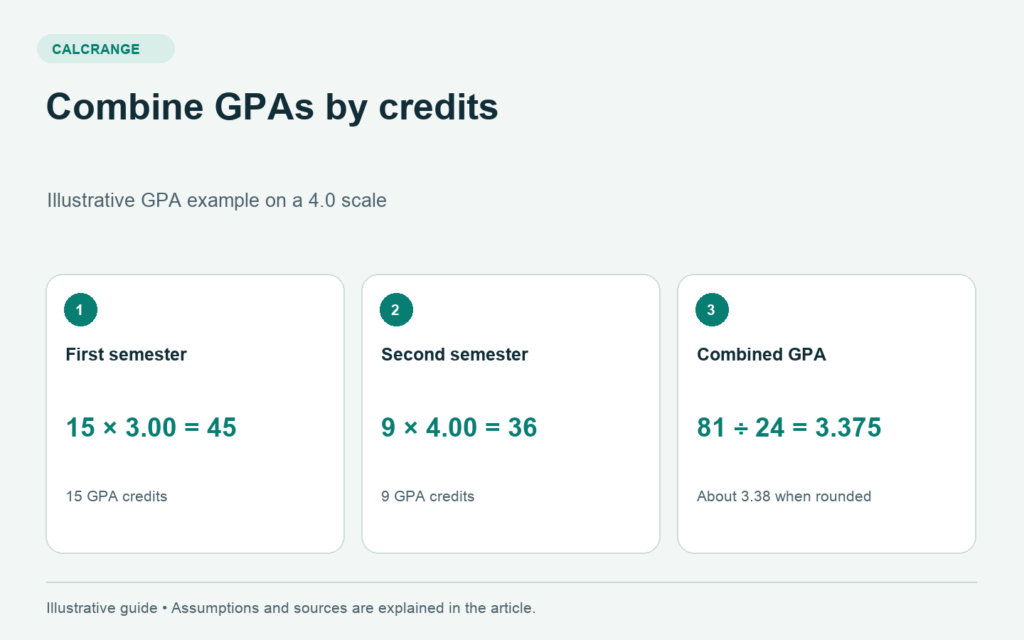 A 15-credit semester at 3.00 and a 9-credit semester at 4.00 combine to 81 quality points over 24 credits, giving a 3.375 GPA.