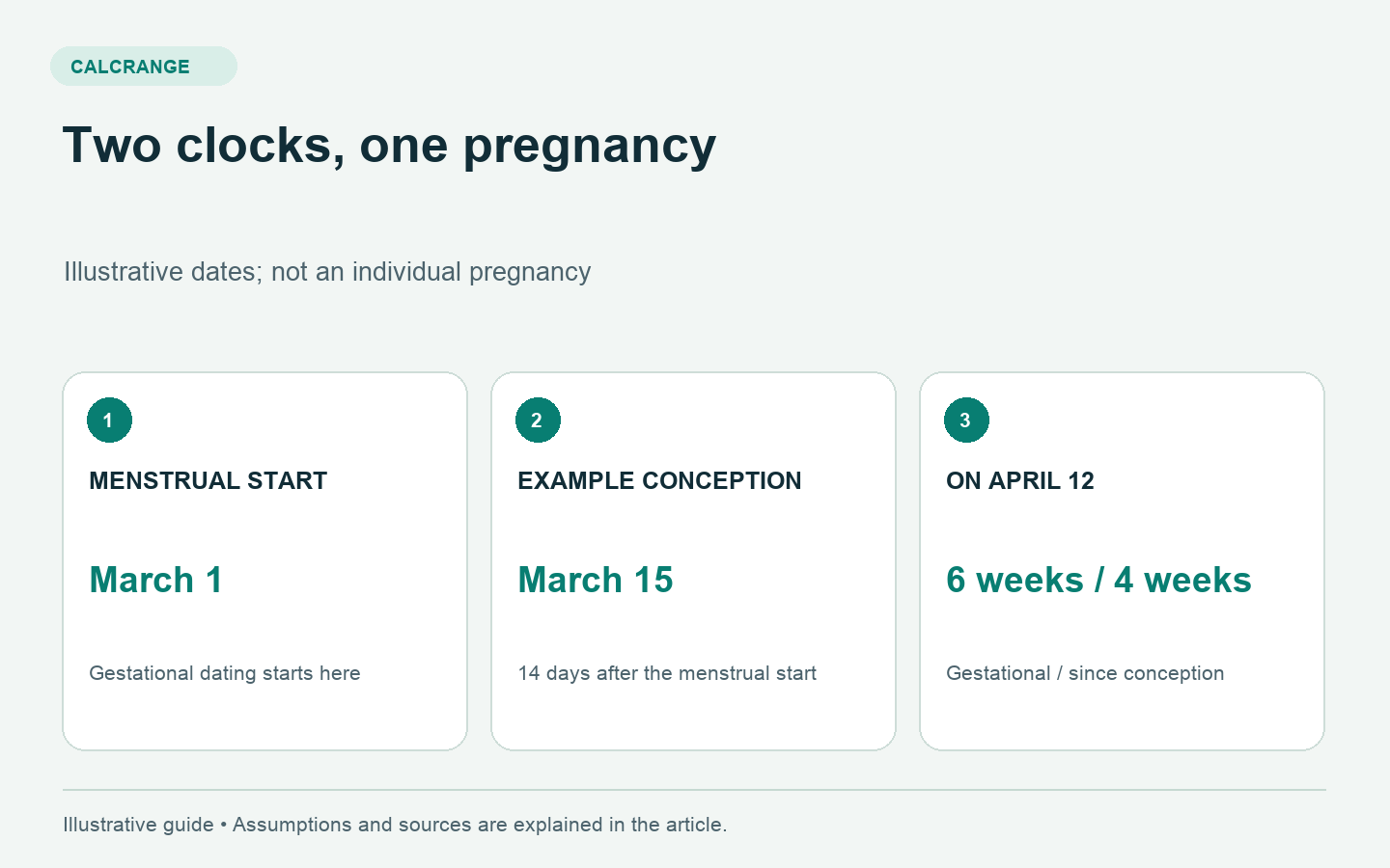 Example comparing pregnancy clocks: March 1 menstrual start and March 15 conception give six gestational weeks and four weeks since conception on April 12.
