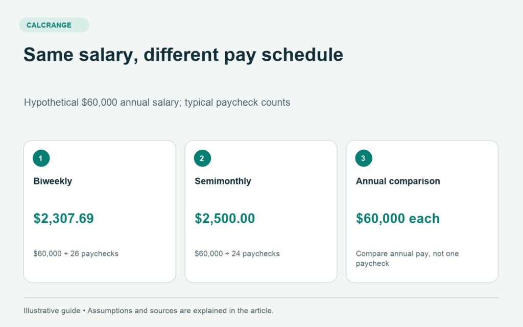 Comparison showing a 60,000 dollar annual salary as approximately 2,307 dollars and 69 cents across 26 biweekly checks or 2,500 dollars across 24 semimonthly checks.