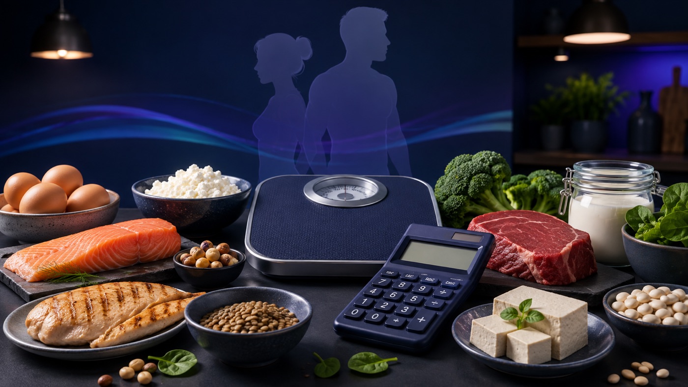 Protein-rich foods arranged around a body-weight scale and nutrition calculator for older adults