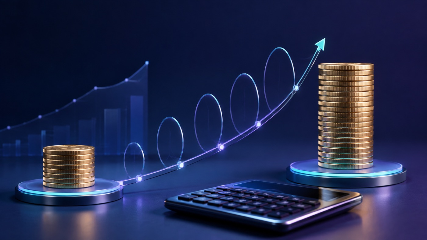 Coin stack approximately doubling over a compounding timeline beside a calculator
