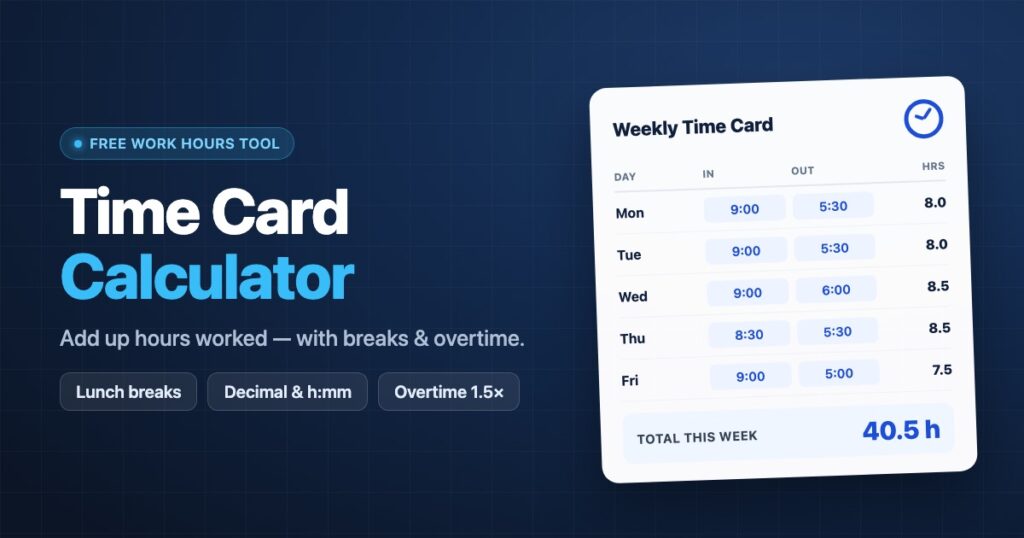 Time card calculator showing a weekly timesheet with clock-in and clock-out times, breaks, and total hours