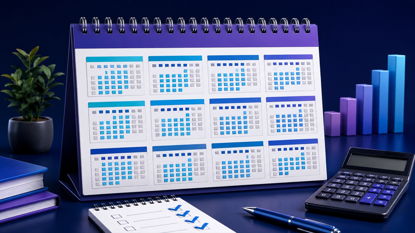 Annual calendar highlighting weekdays used to count working days in each month of 2026